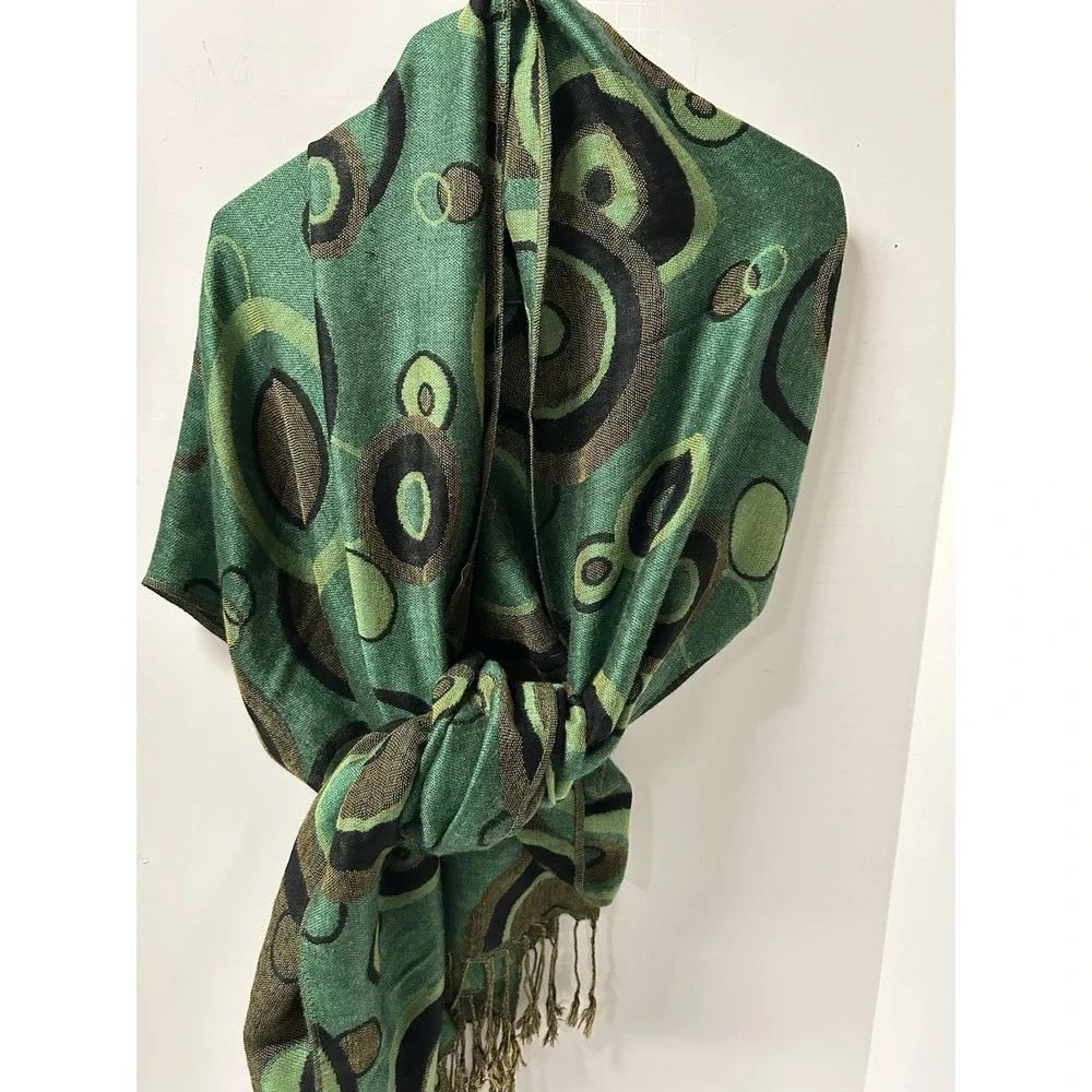 Vintage Pashmina Cashmere Wool, Silk Paisley Fringe Wrap‎ Scarf Stunning Green